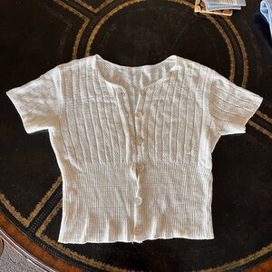 Vintage short sleeve button front sweater, cream / white.